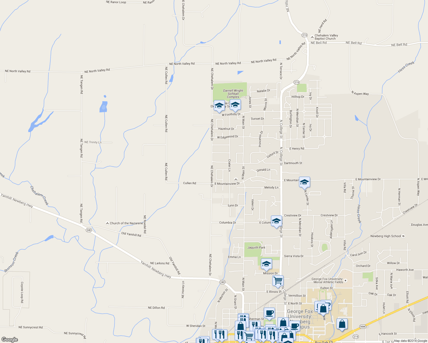 map of restaurants, bars, coffee shops, grocery stores, and more near 2529 Roger Smith Drive in Newberg