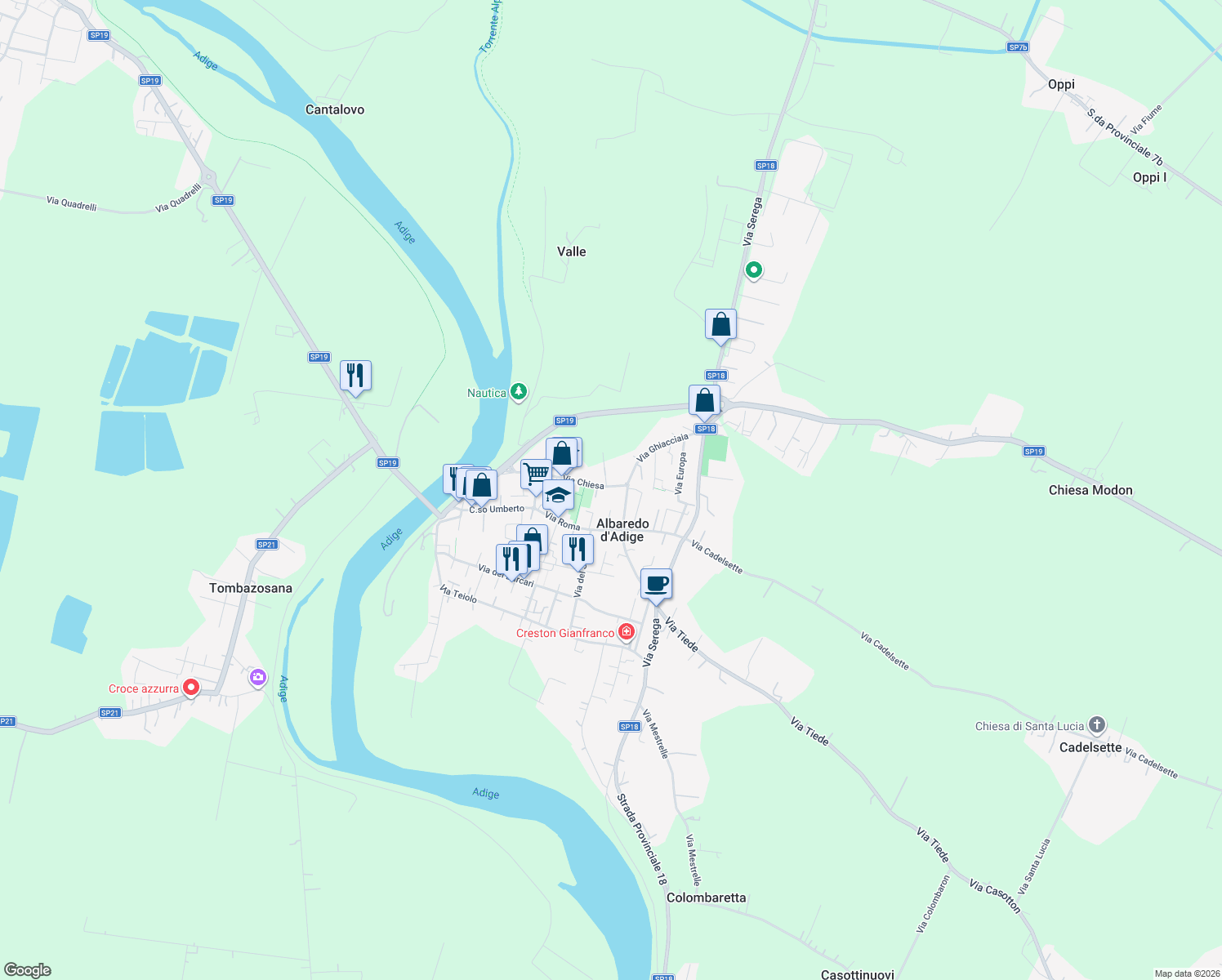 map of restaurants, bars, coffee shops, grocery stores, and more near 6 Via Salvo D'Acquisto in Albaredo D'adige