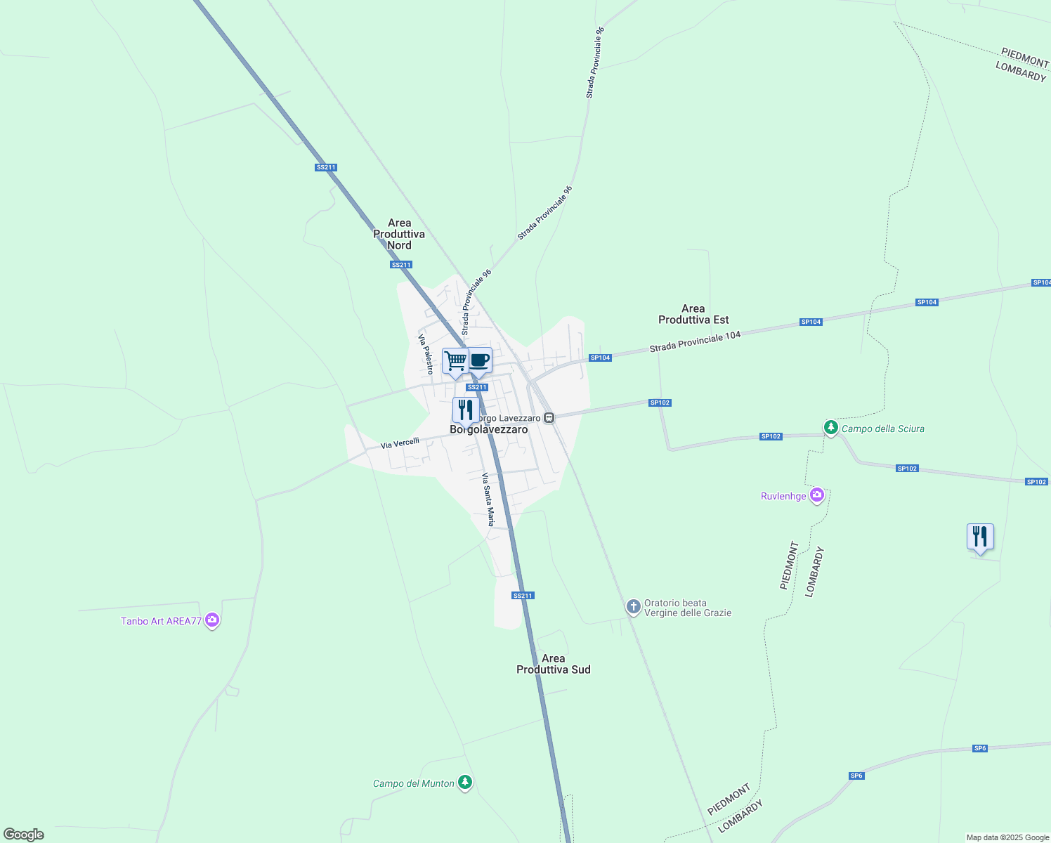 map of restaurants, bars, coffee shops, grocery stores, and more near 9 Via M. Beltramini in Borgolavezzaro