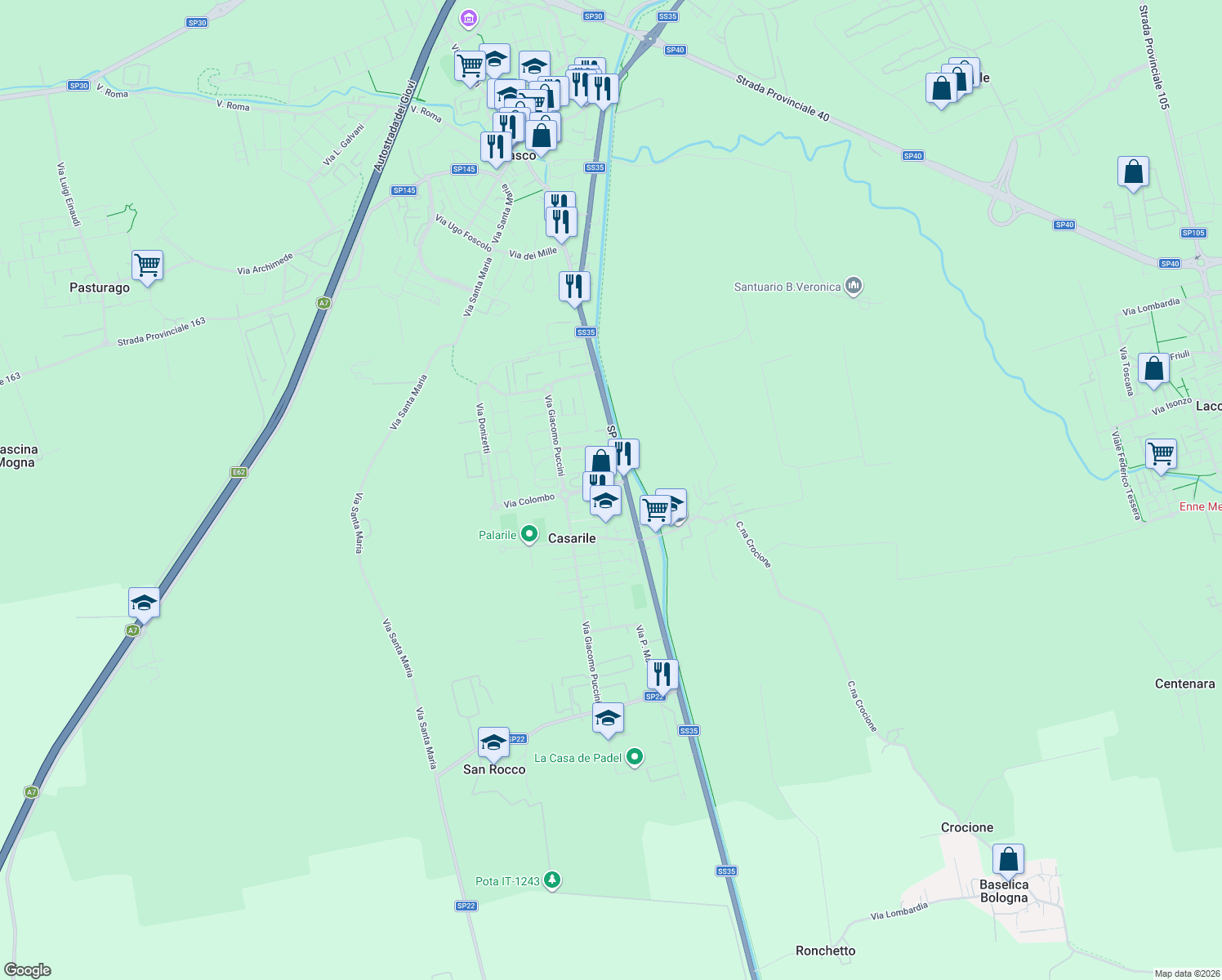 map of restaurants, bars, coffee shops, grocery stores, and more near 106 Via Binasco in Casarile