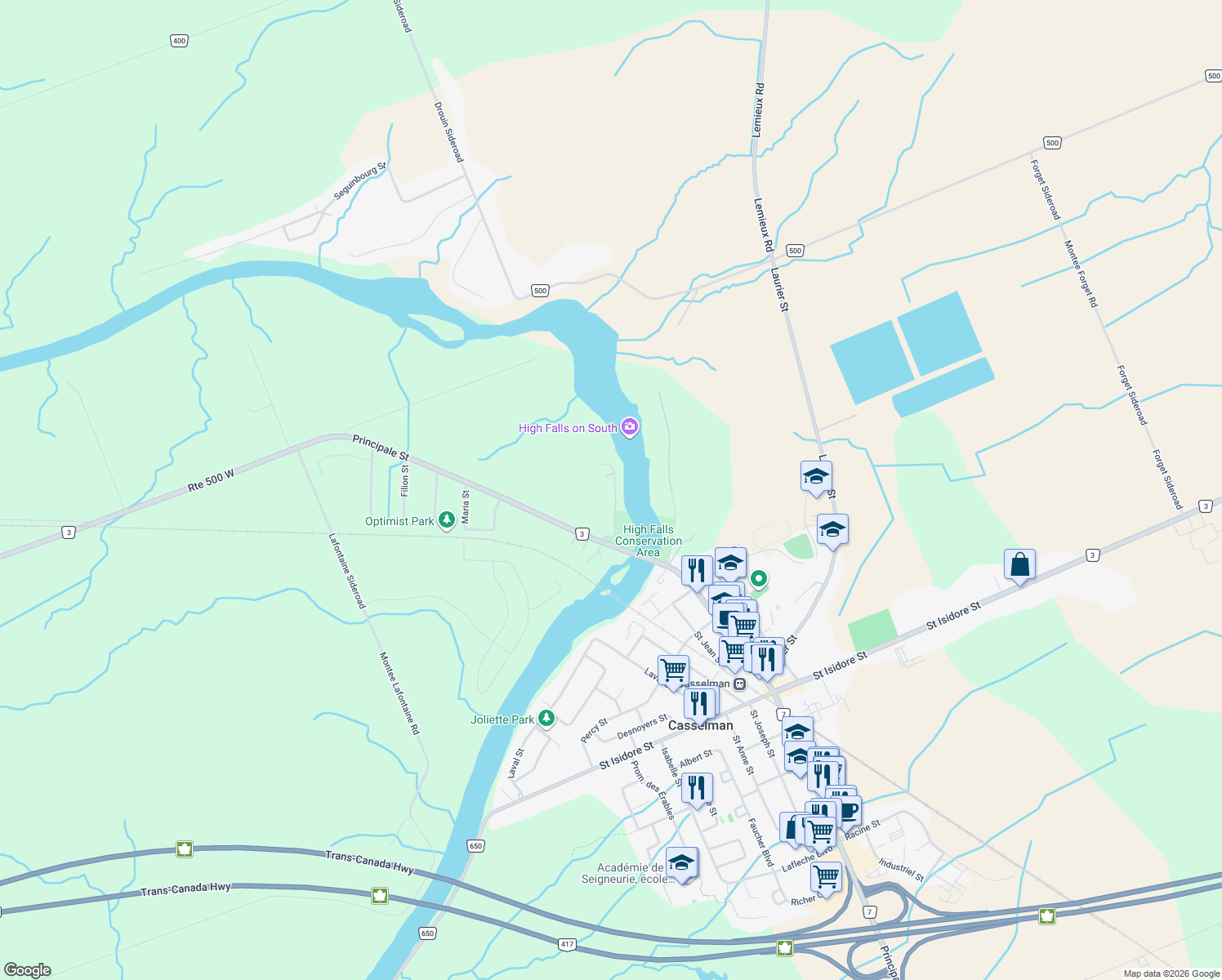 map of restaurants, bars, coffee shops, grocery stores, and more near 16 Riviere Nation North Road in Casselman
