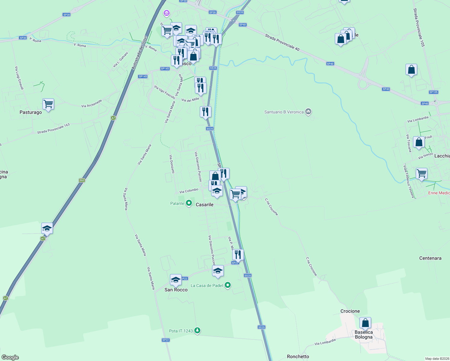 map of restaurants, bars, coffee shops, grocery stores, and more near 106 Via Binasco in Casarile