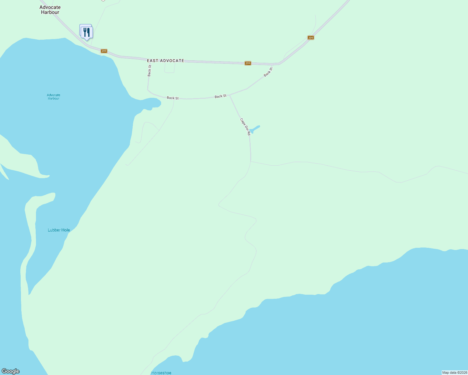 map of restaurants, bars, coffee shops, grocery stores, and more near 1222 Cape Dor Road in Advocate Harbour