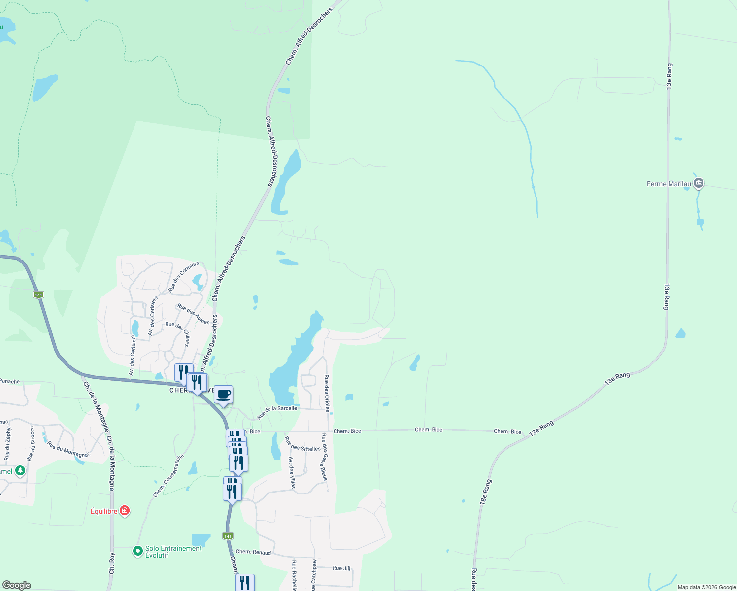 map of restaurants, bars, coffee shops, grocery stores, and more near 208 Rue du Héron in Orford