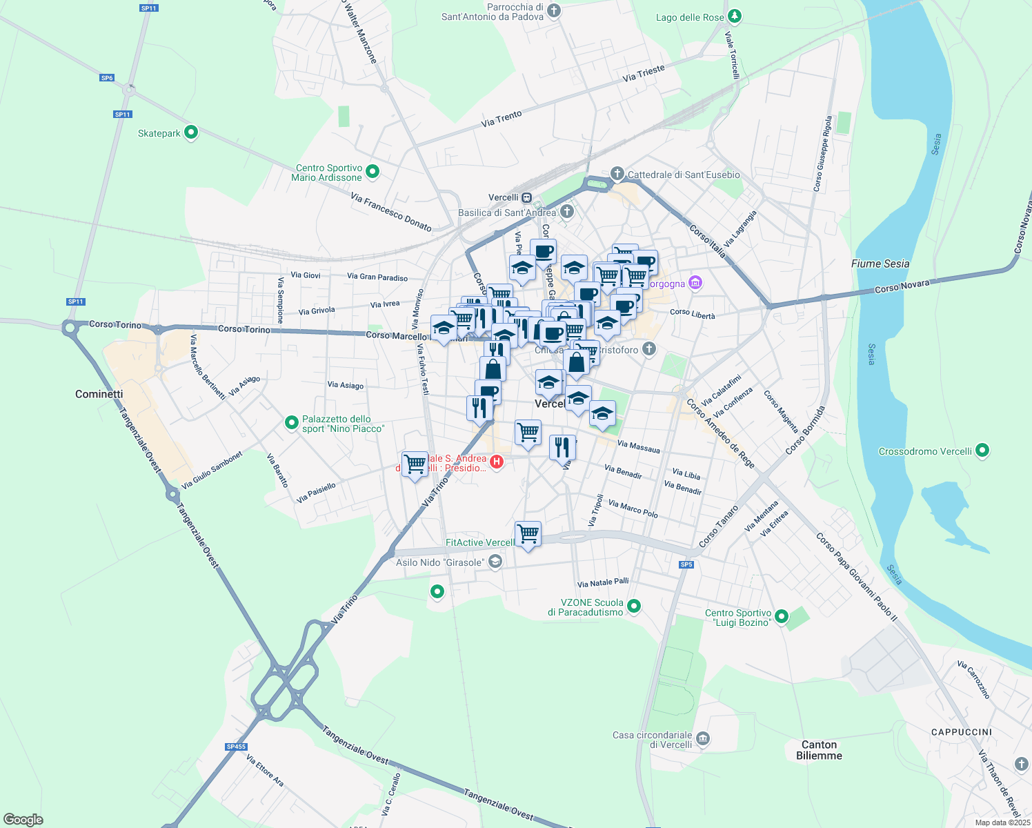 map of restaurants, bars, coffee shops, grocery stores, and more near 16 Via Ludovico Ariosto in Vercelli