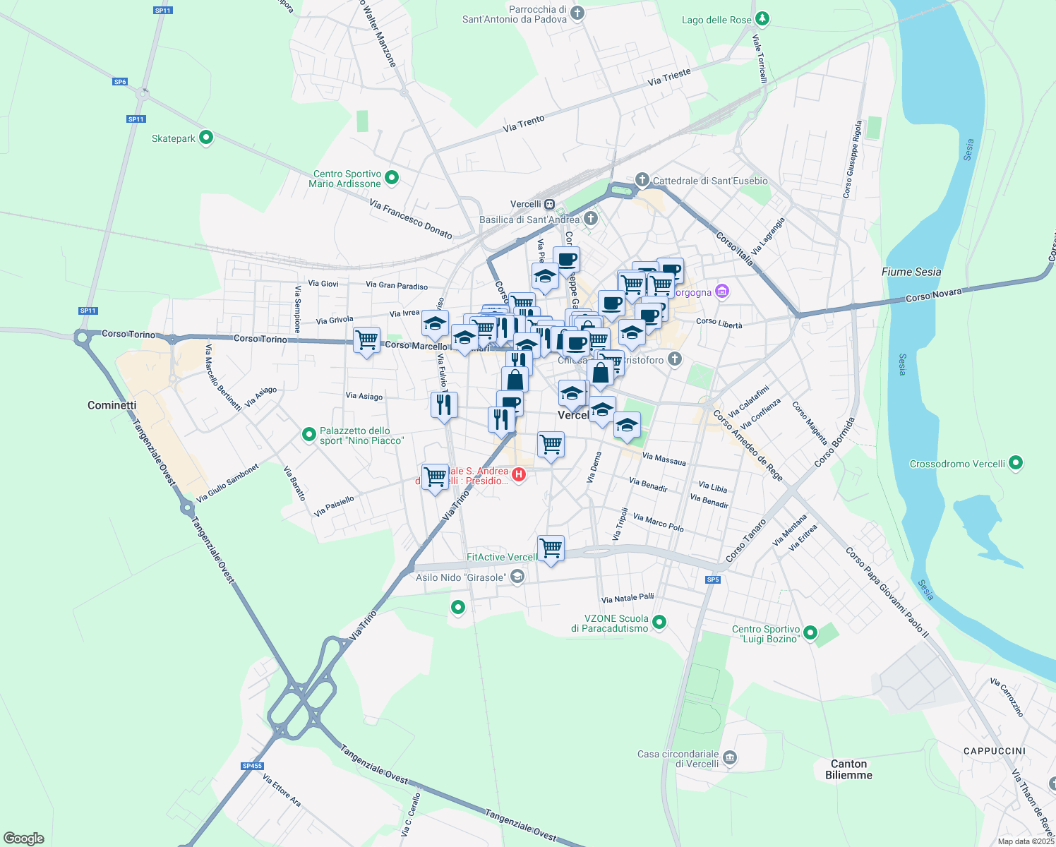map of restaurants, bars, coffee shops, grocery stores, and more near 26 Via Ludovico Ariosto in Vercelli