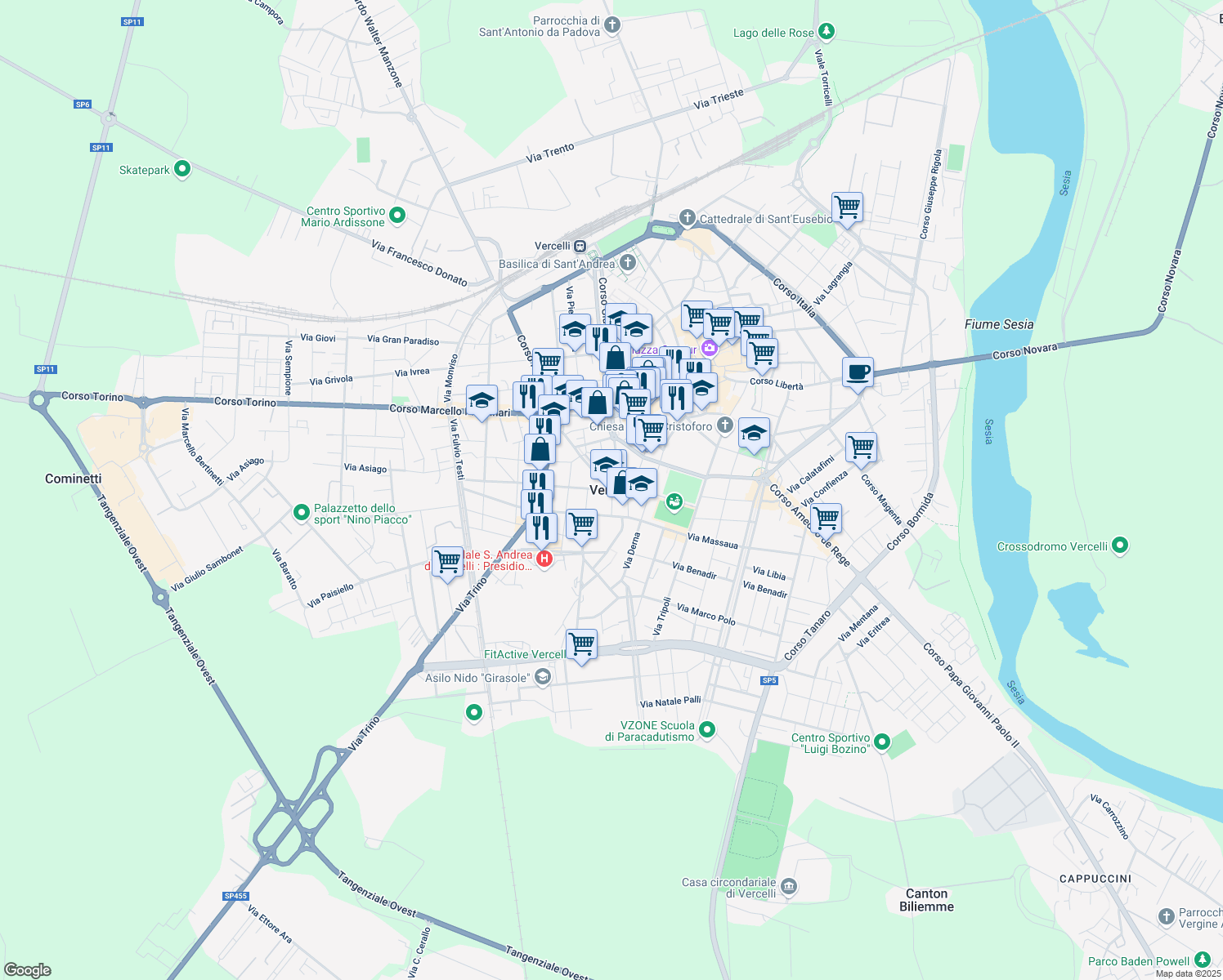 map of restaurants, bars, coffee shops, grocery stores, and more near 7-31 Via San Martino in Vercelli