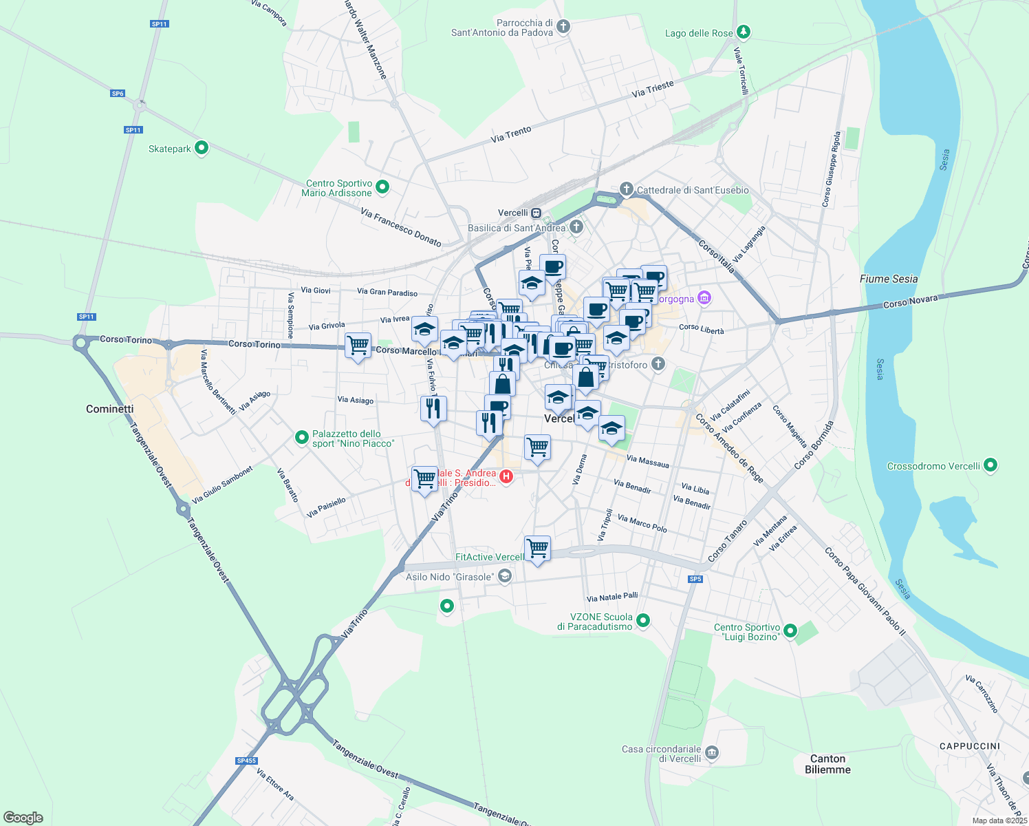 map of restaurants, bars, coffee shops, grocery stores, and more near 26 Via Ludovico Ariosto in Vercelli