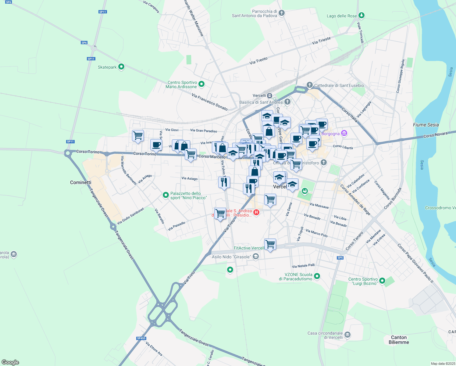 map of restaurants, bars, coffee shops, grocery stores, and more near 87 Via Ludovico Ariosto in Vercelli
