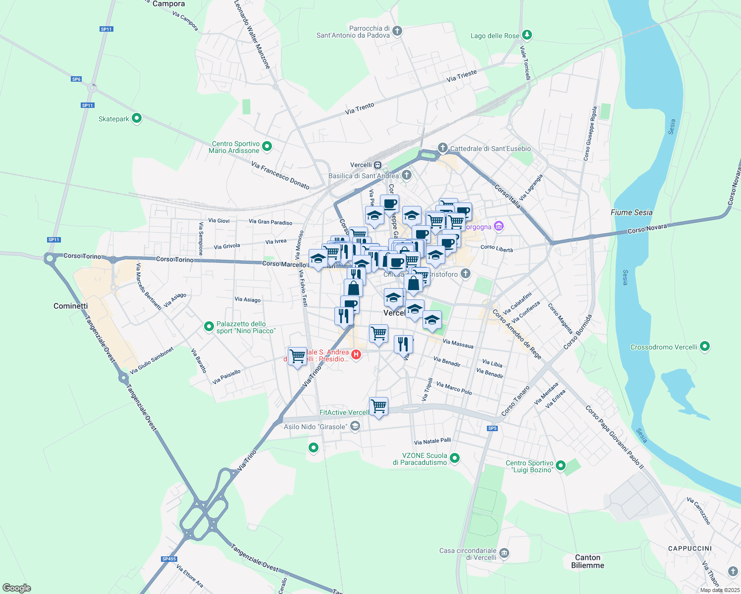 map of restaurants, bars, coffee shops, grocery stores, and more near 8-16 Via Ludovico Ariosto in Vercelli