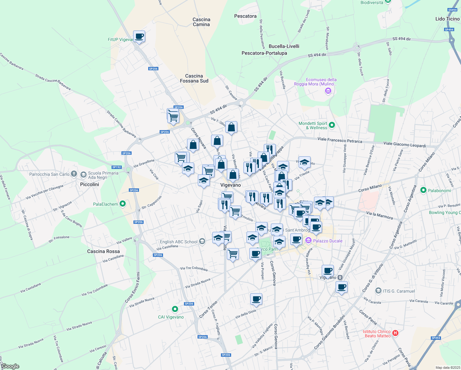 map of restaurants, bars, coffee shops, grocery stores, and more near in Vigevano