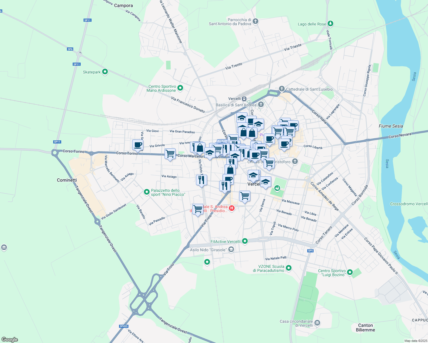 map of restaurants, bars, coffee shops, grocery stores, and more near 19 Via Giuseppe Chicco in Vercelli