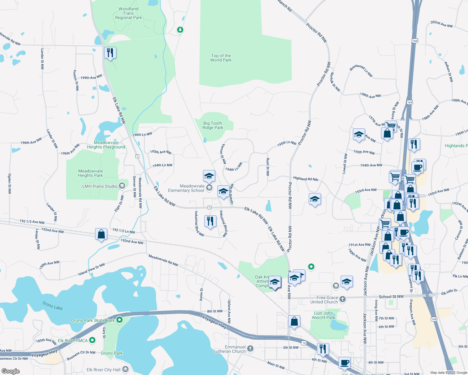 map of restaurants, bars, coffee shops, grocery stores, and more near 12380 193rd Ln NW in Elk River