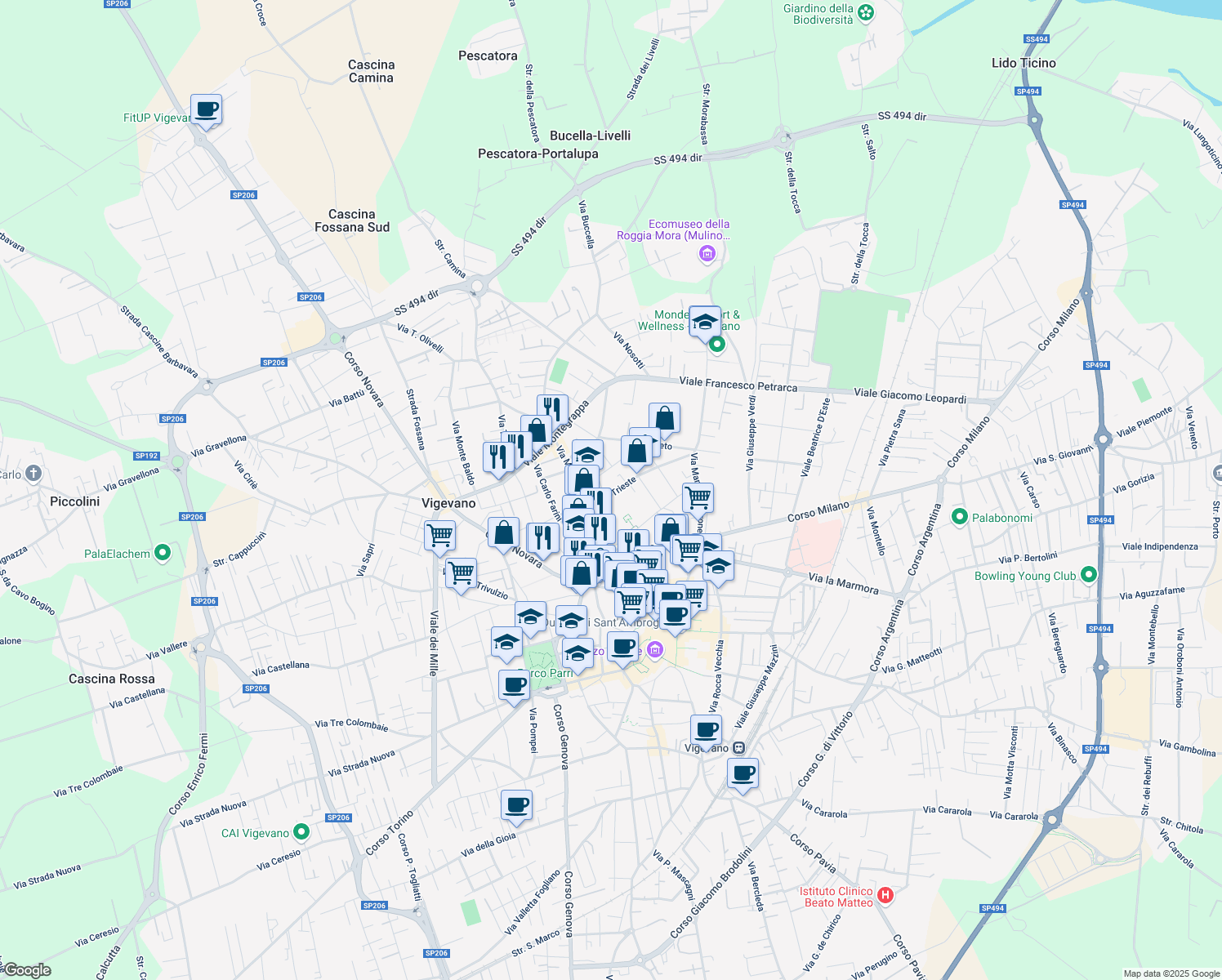 map of restaurants, bars, coffee shops, grocery stores, and more near 6 Via Piave in Vigevano