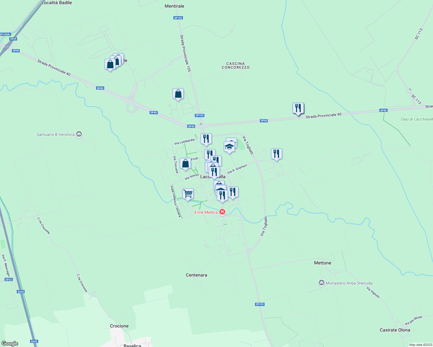 map of restaurants, bars, coffee shops, grocery stores, and more near 5 Via Fabio Filzi in Lacchiarella