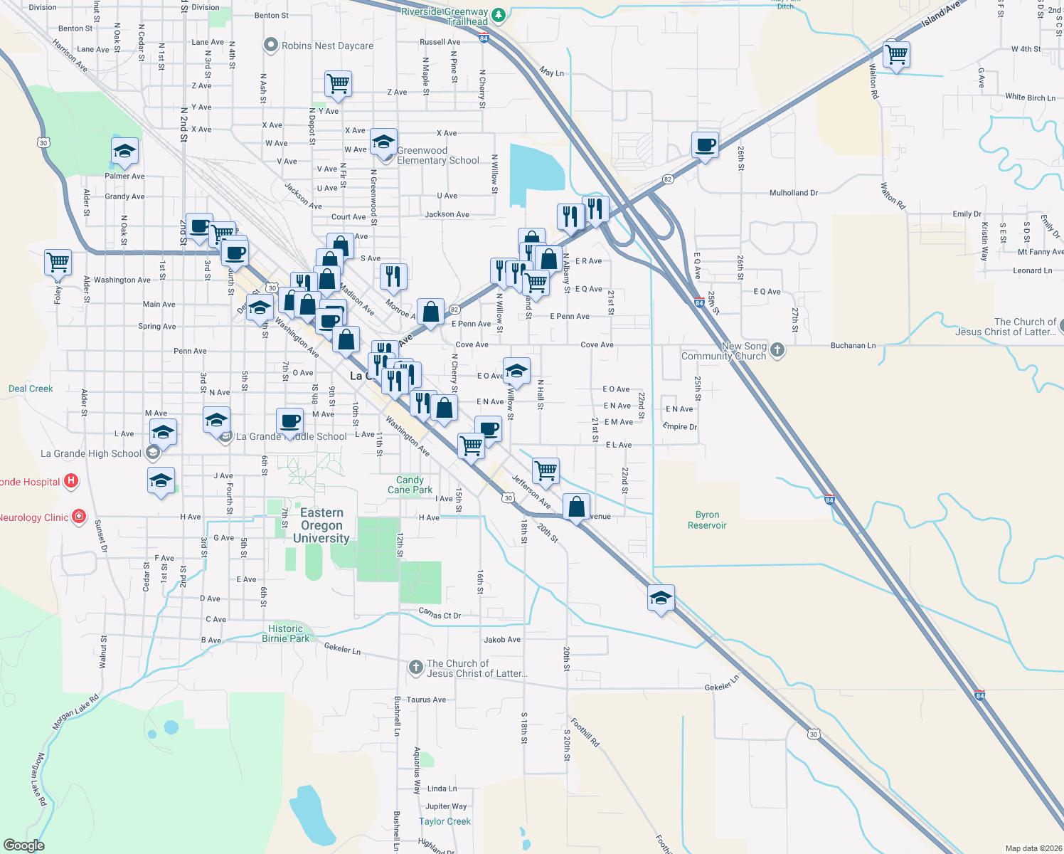 map of restaurants, bars, coffee shops, grocery stores, and more near 1206 North Hall Street in La Grande