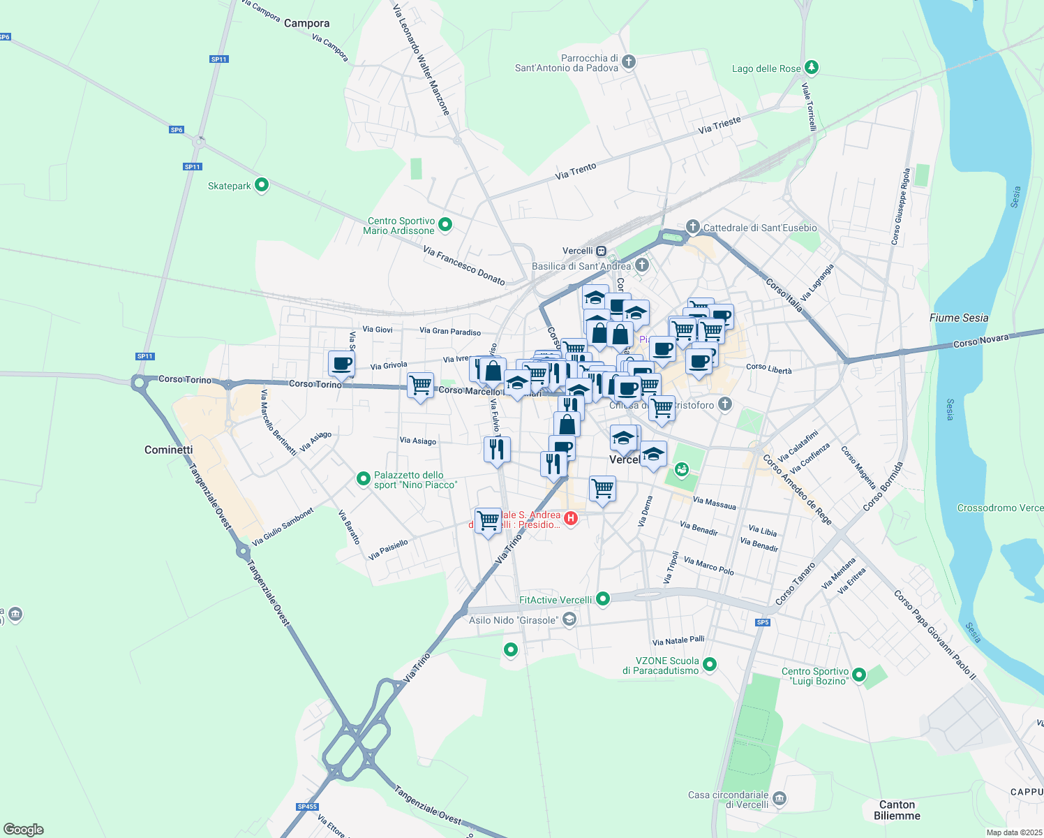 map of restaurants, bars, coffee shops, grocery stores, and more near 19 Via Giuseppe Chicco in Vercelli