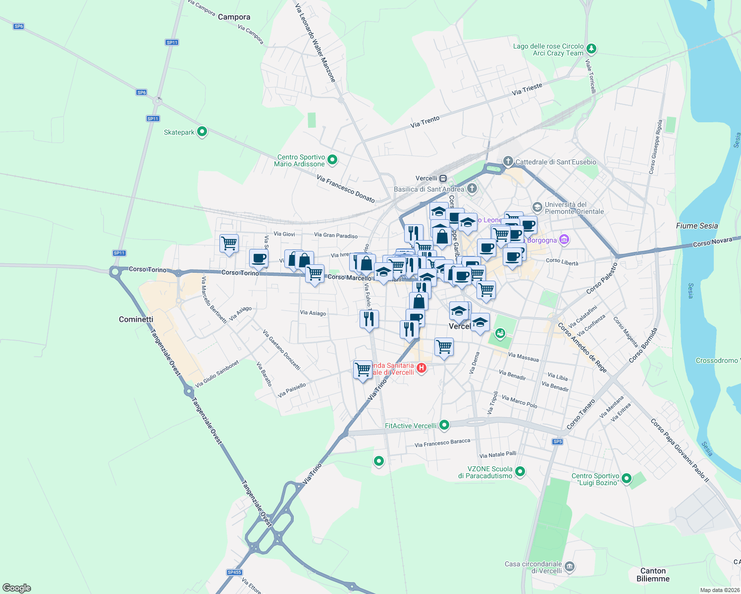map of restaurants, bars, coffee shops, grocery stores, and more near 7 Via Terracina in Vercelli