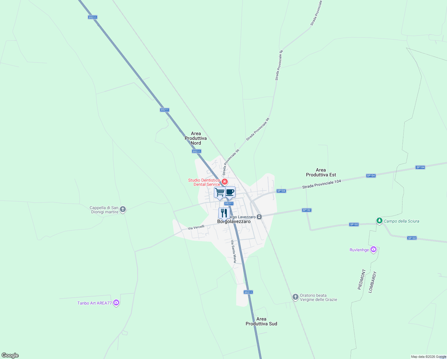 map of restaurants, bars, coffee shops, grocery stores, and more near 1A Via Tornaco in Borgolavezzaro