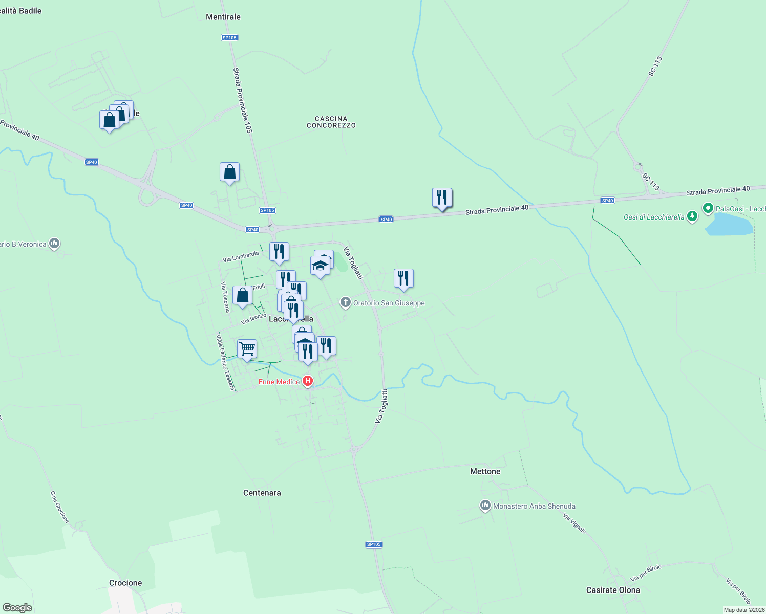 map of restaurants, bars, coffee shops, grocery stores, and more near 8 Via Giuseppe di Vittorio in Lacchiarella