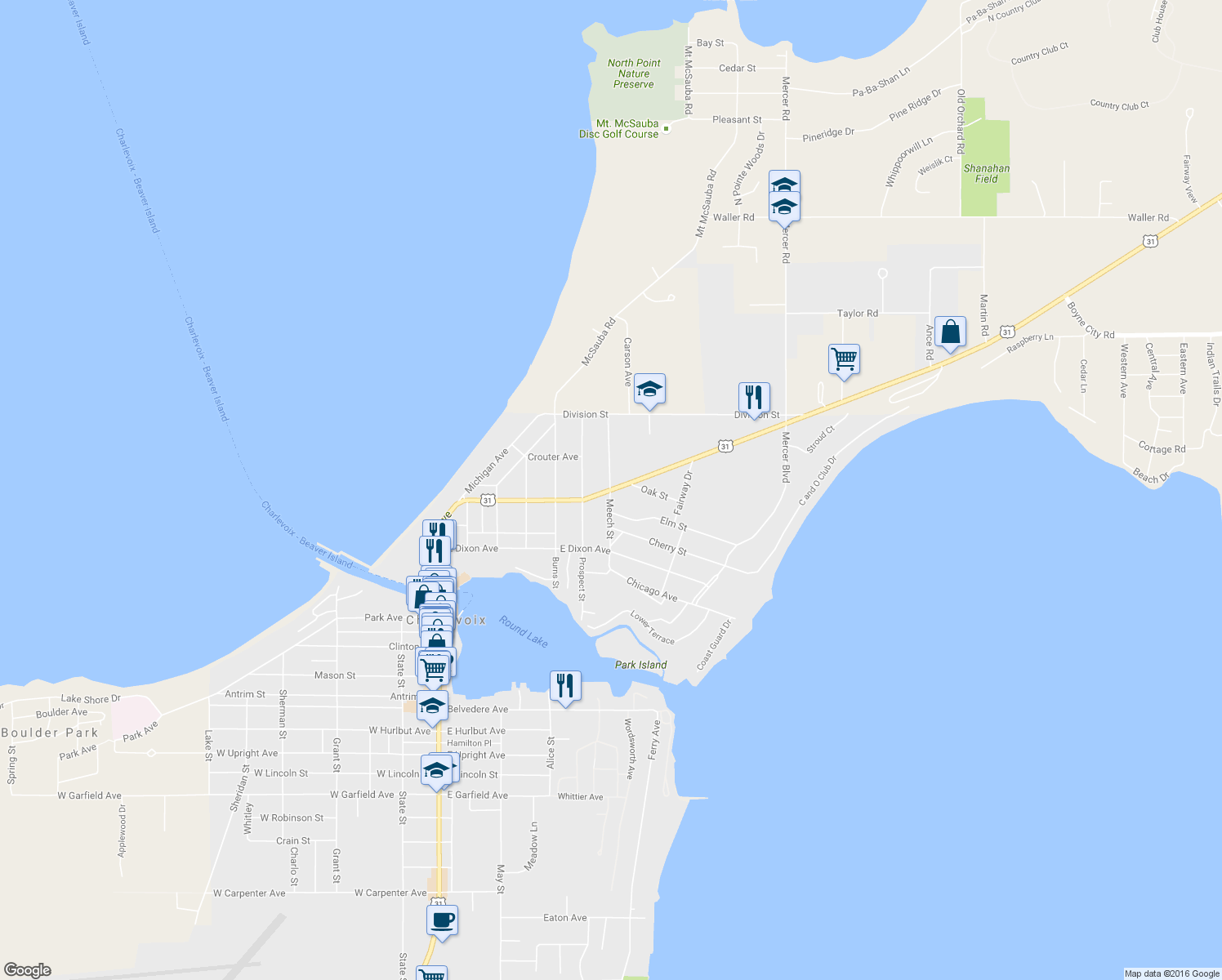 map of restaurants, bars, coffee shops, grocery stores, and more near 601 Petoskey Avenue in Charlevoix