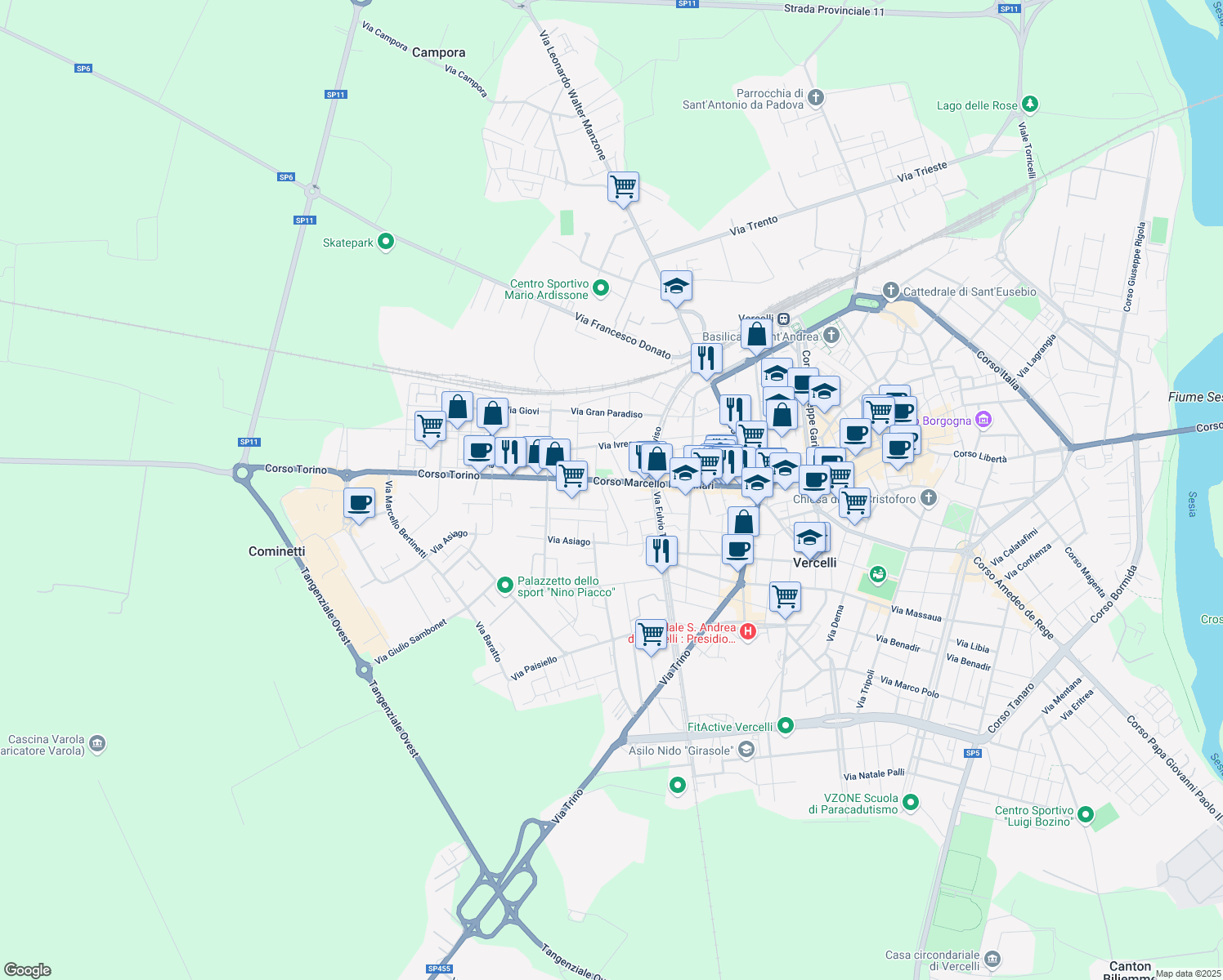 map of restaurants, bars, coffee shops, grocery stores, and more near 140-142 Corso Marcello Prestinari in Vercelli