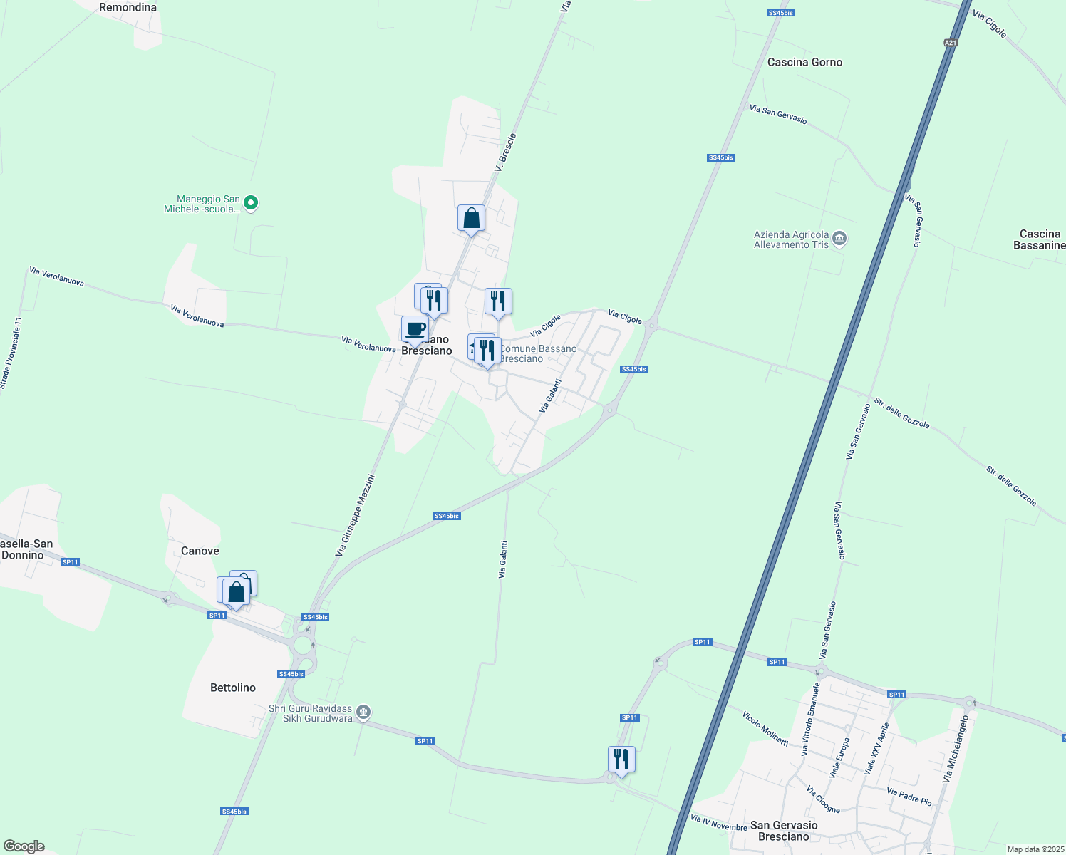 map of restaurants, bars, coffee shops, grocery stores, and more near 29 Via Luzzago in Bassano Bresciano