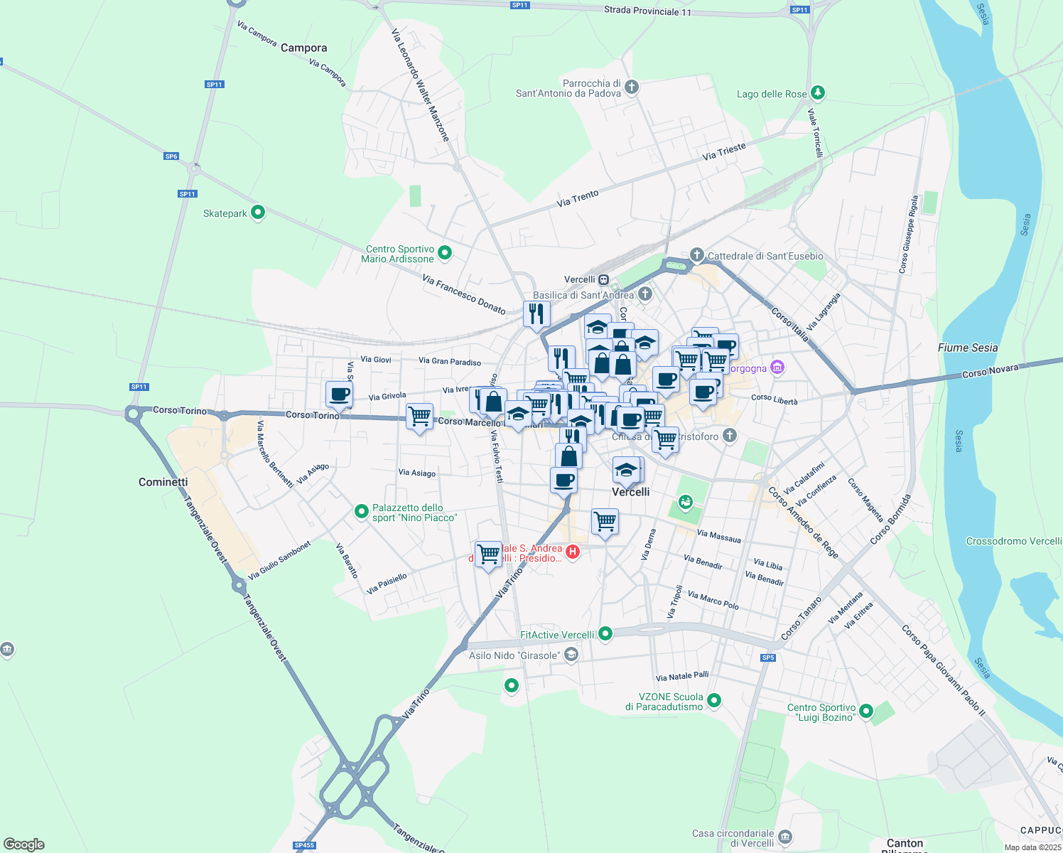 map of restaurants, bars, coffee shops, grocery stores, and more near 87 Corso Marcello Prestinari in Vercelli