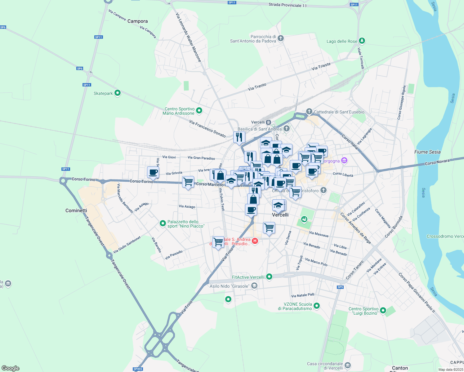 map of restaurants, bars, coffee shops, grocery stores, and more near 69-87 Corso Marcello Prestinari in Vercelli