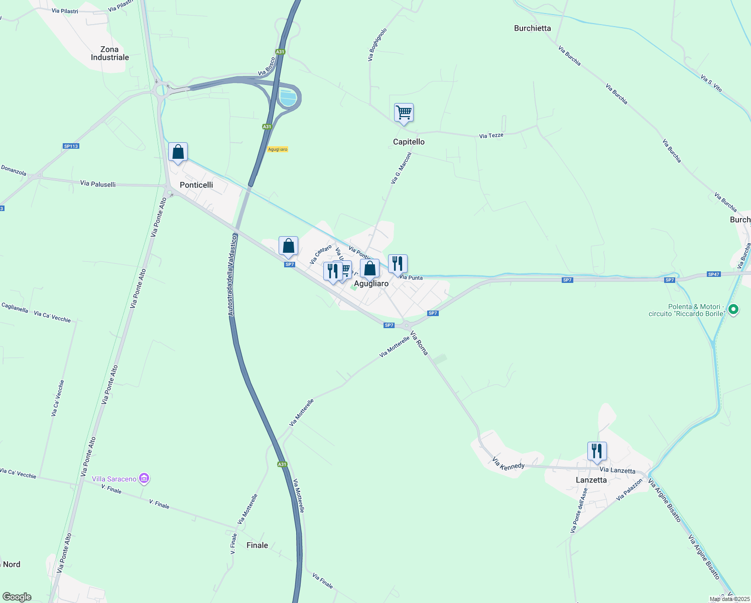 map of restaurants, bars, coffee shops, grocery stores, and more near 9 Via San Bortolo in Agugliaro