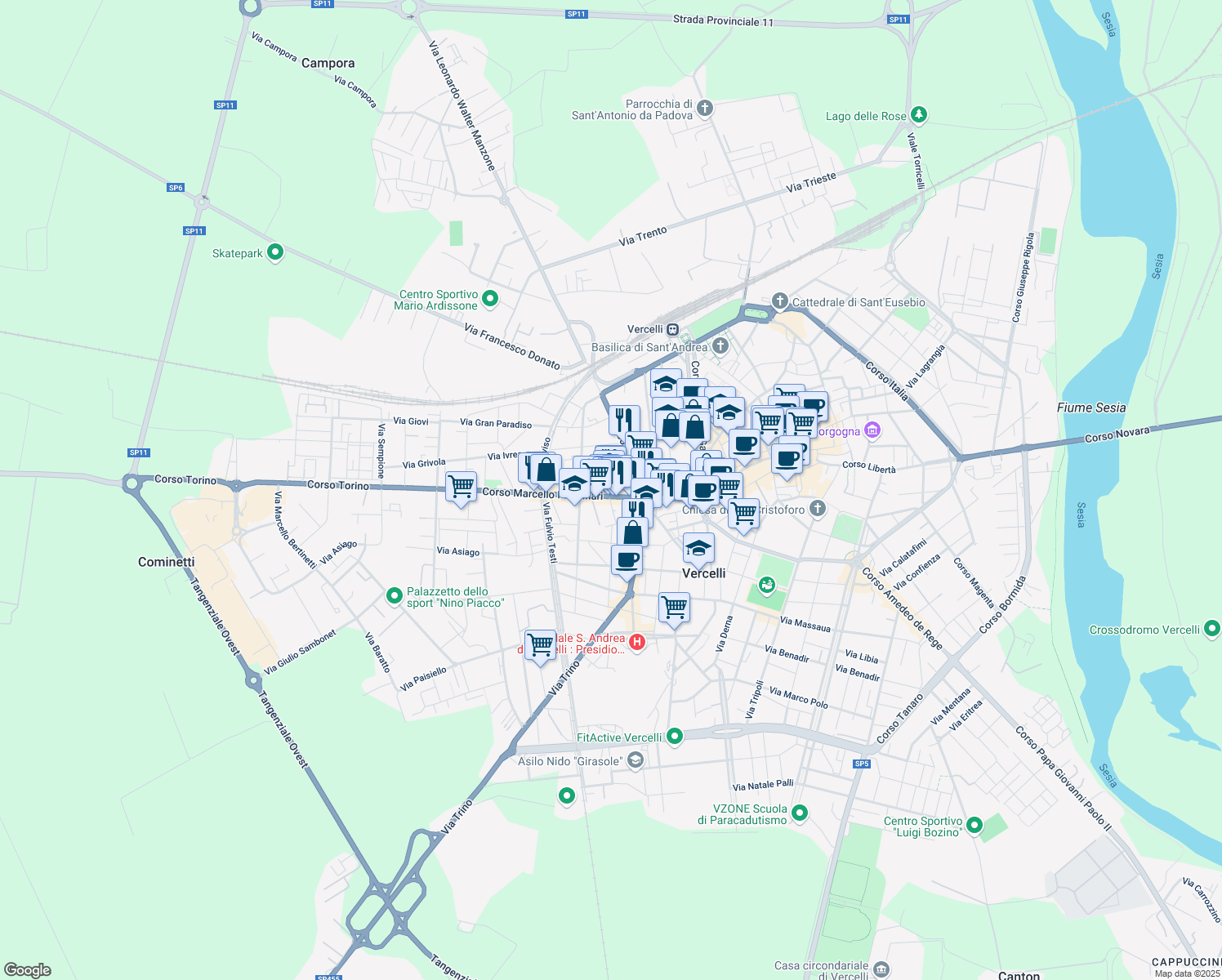 map of restaurants, bars, coffee shops, grocery stores, and more near 4 Via Aldo Maria Scalise in Vercelli