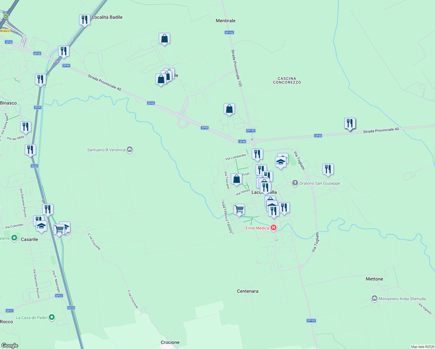 map of restaurants, bars, coffee shops, grocery stores, and more near 4 Via dei Giusti in Lacchiarella