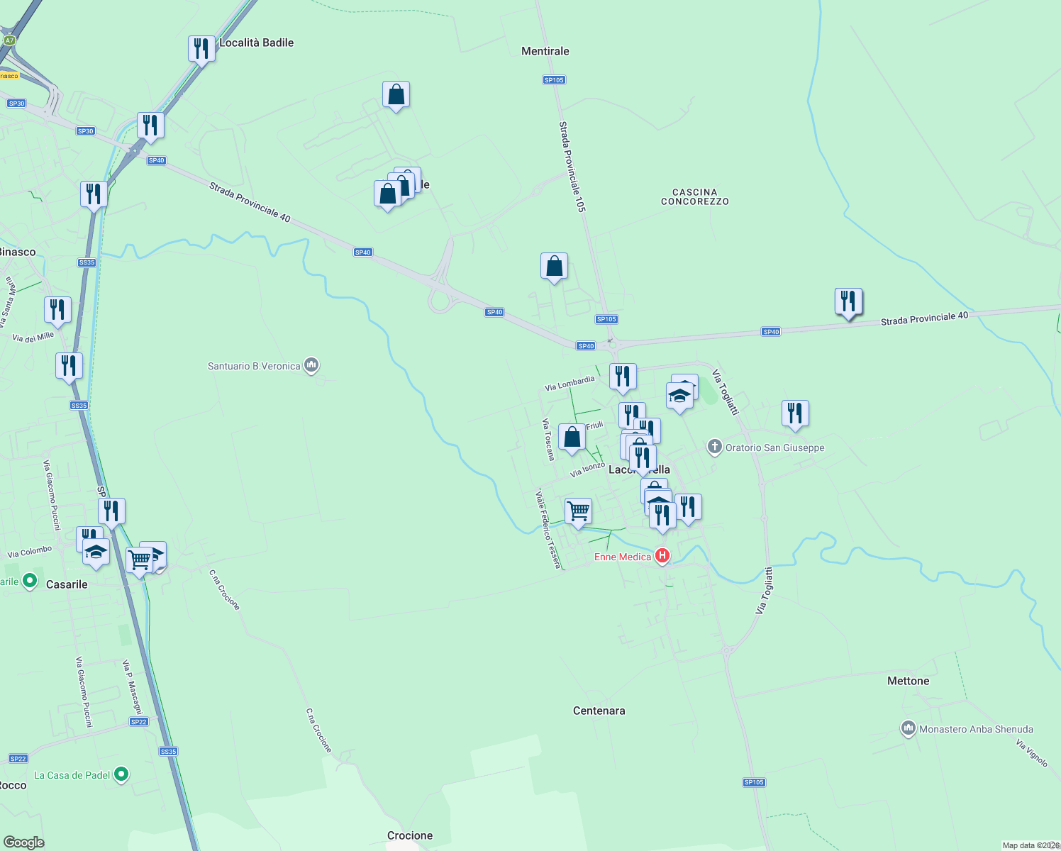 map of restaurants, bars, coffee shops, grocery stores, and more near 4 Via dei Giusti in Lacchiarella