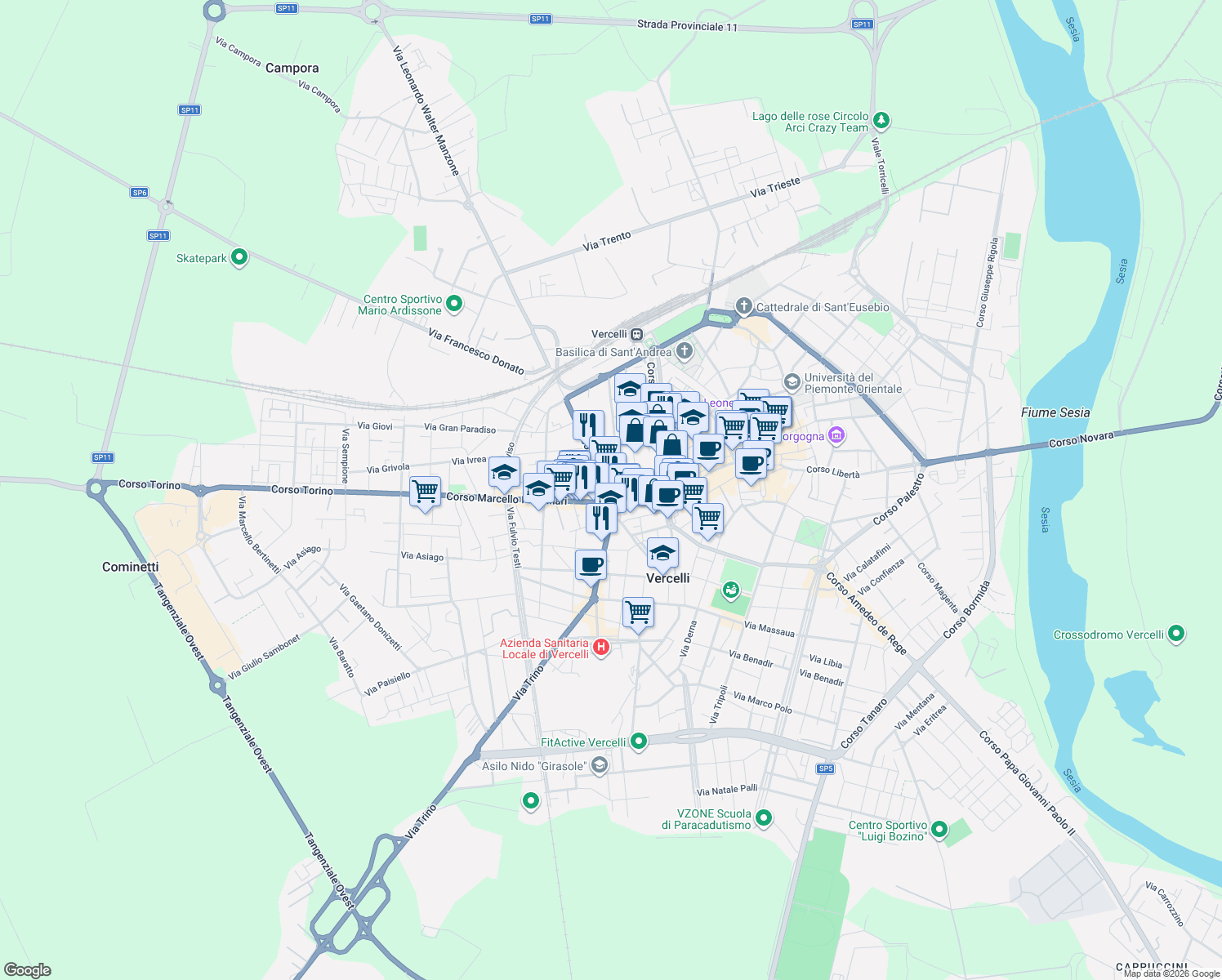 map of restaurants, bars, coffee shops, grocery stores, and more near 4 Corso Fiume in Vercelli