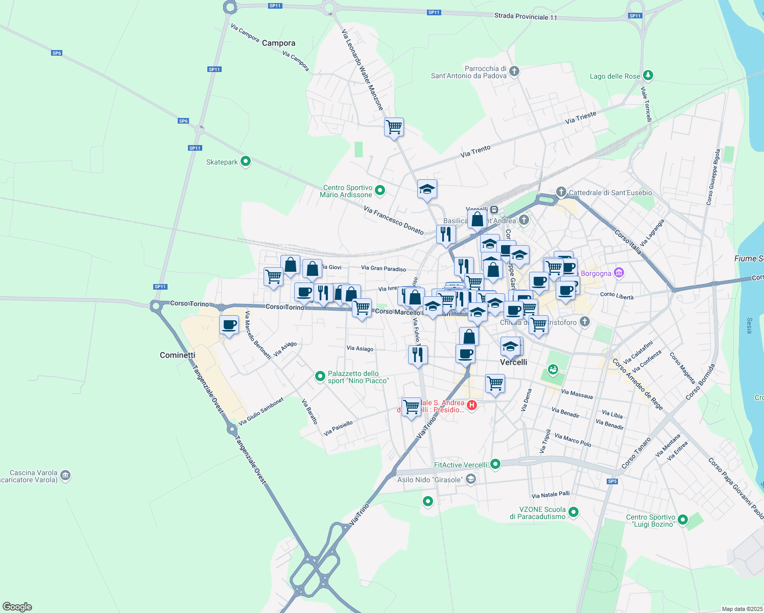 map of restaurants, bars, coffee shops, grocery stores, and more near 142 Corso Marcello Prestinari in Vercelli