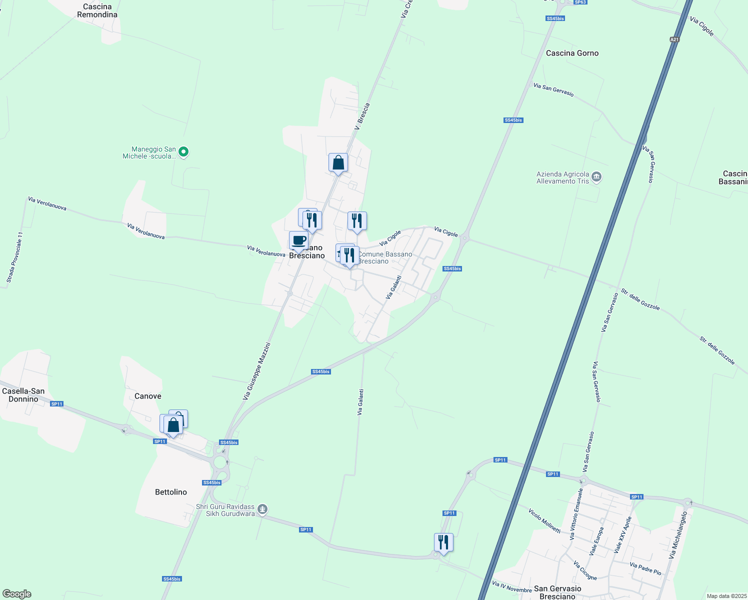 map of restaurants, bars, coffee shops, grocery stores, and more near 29 Via Luzzago in Bassano Bresciano