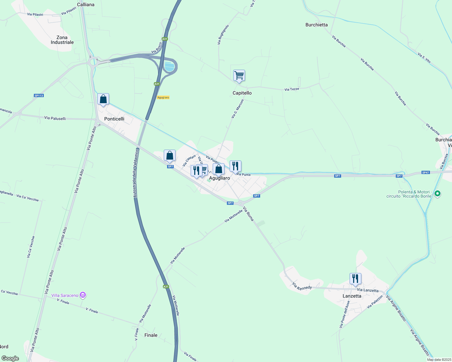 map of restaurants, bars, coffee shops, grocery stores, and more near 9 Via San Bortolo in Agugliaro