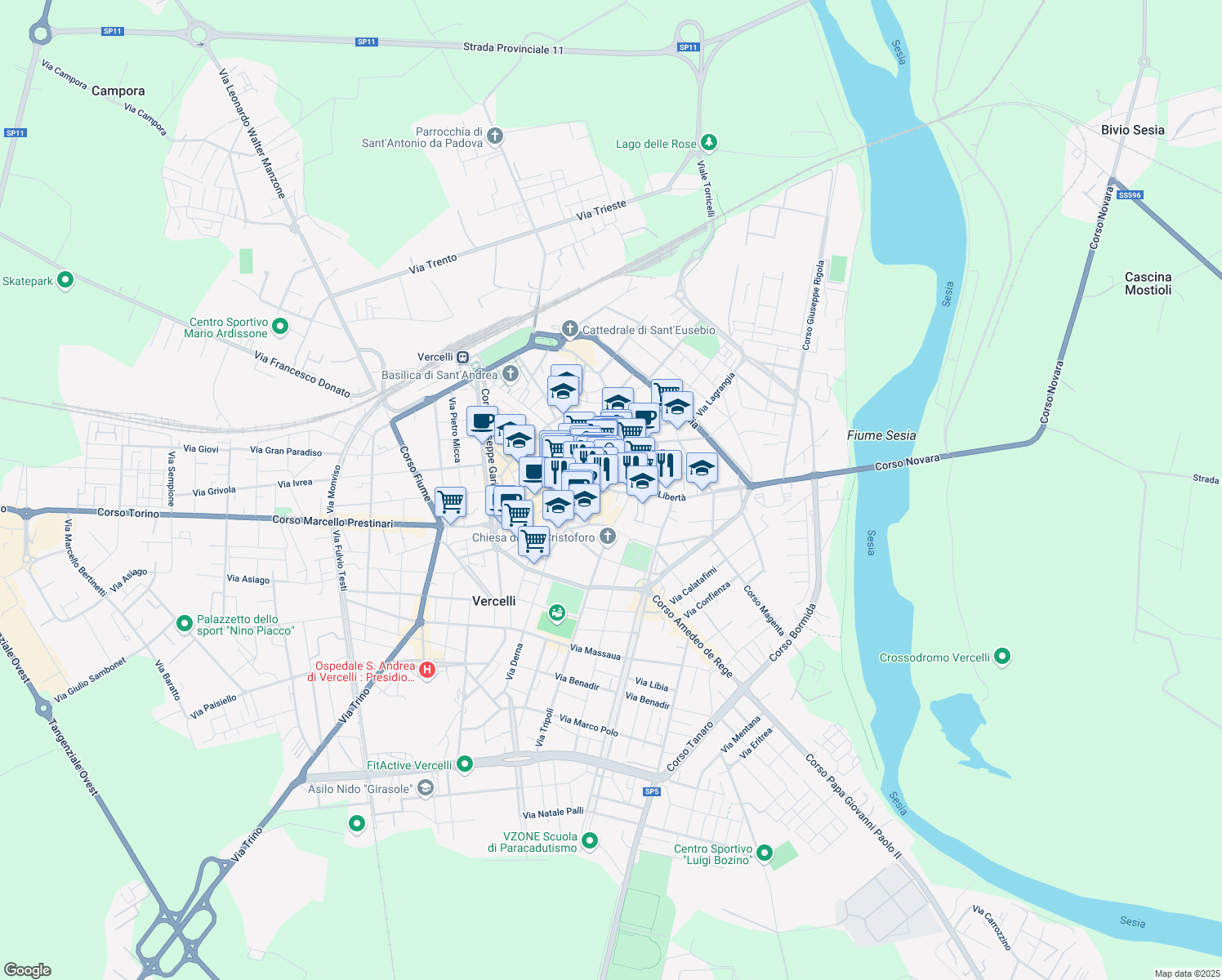 map of restaurants, bars, coffee shops, grocery stores, and more near 11 Via Vincenzo Gioberti in Vercelli