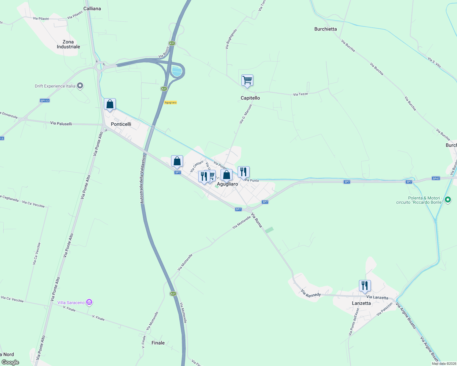 map of restaurants, bars, coffee shops, grocery stores, and more near 8 Via Umberto I in Agugliaro