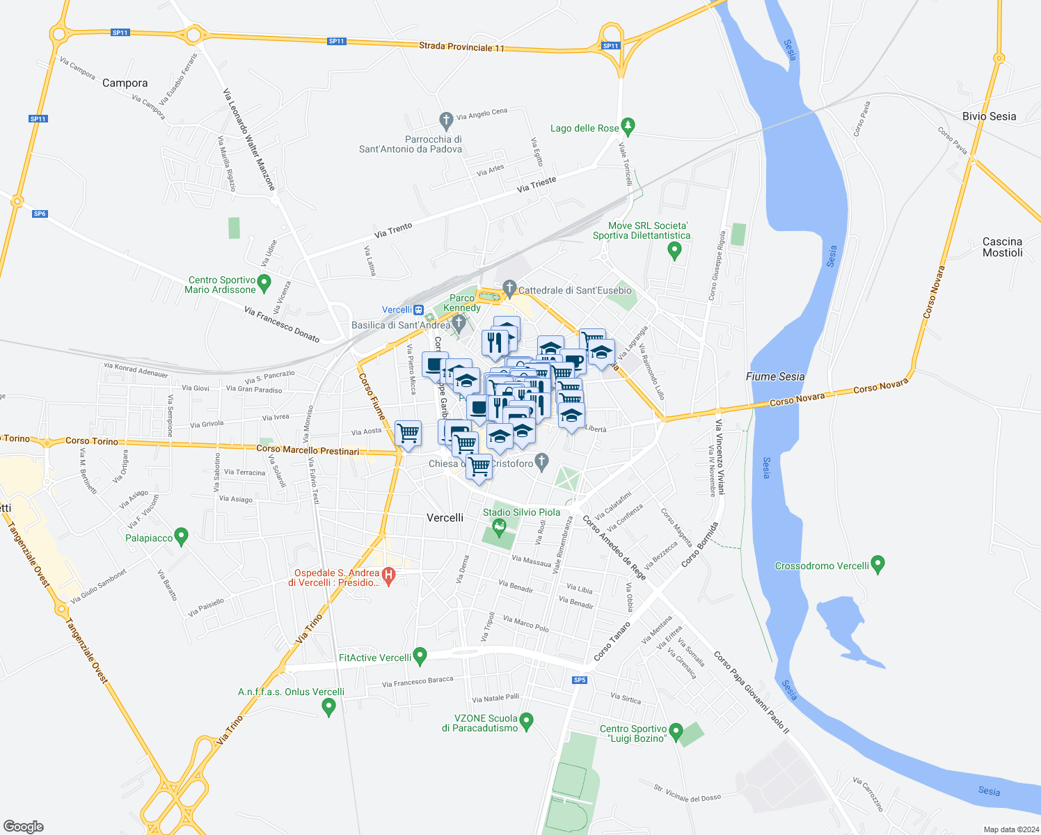 map of restaurants, bars, coffee shops, grocery stores, and more near 16 Via E. Bava in Vercelli