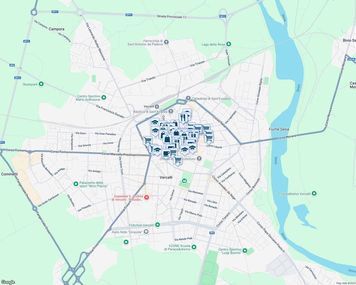 map of restaurants, bars, coffee shops, grocery stores, and more near 61 Via Dante Alighieri in Vercelli