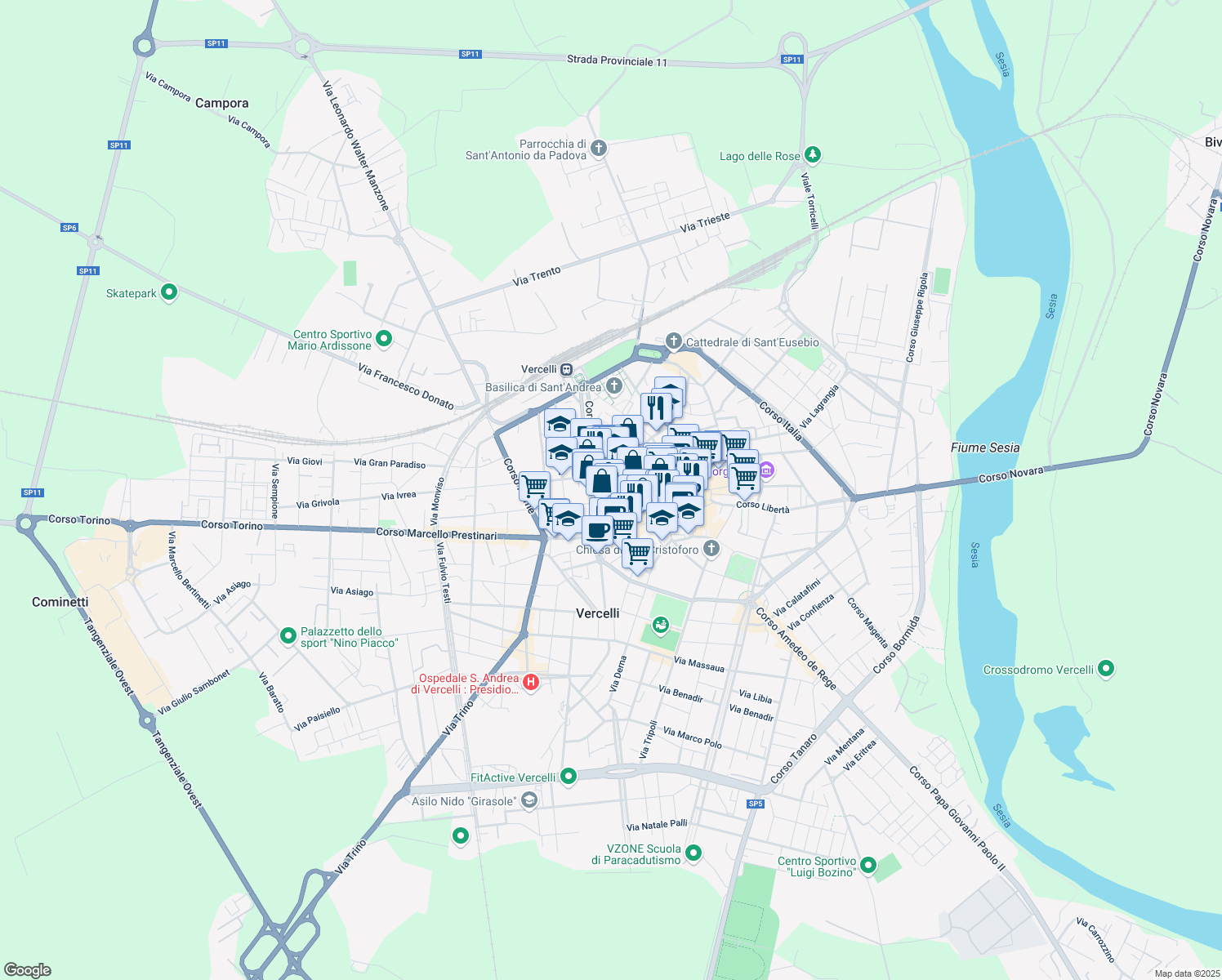map of restaurants, bars, coffee shops, grocery stores, and more near 61 Via Dante Alighieri in Vercelli