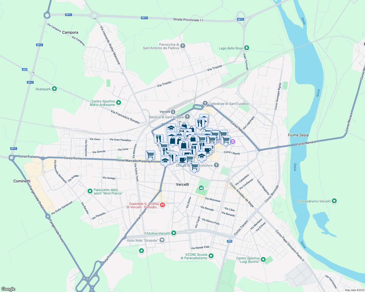 map of restaurants, bars, coffee shops, grocery stores, and more near 52 Viale Giuseppe Garibaldi in Vercelli