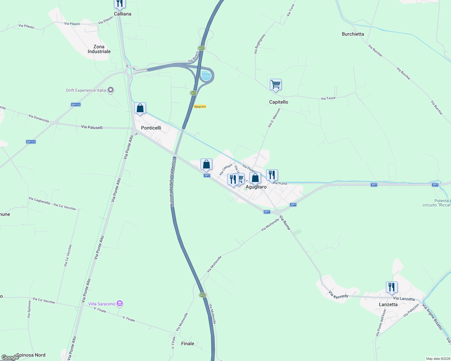 map of restaurants, bars, coffee shops, grocery stores, and more near 12 Via Suor M. E. Andreoli in Agugliaro