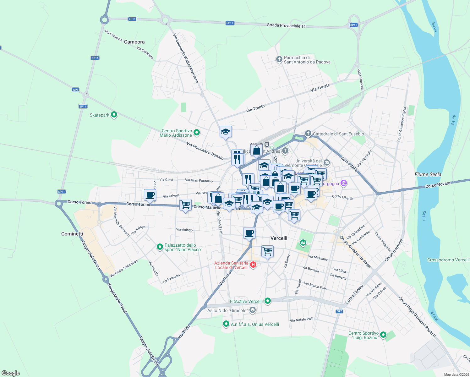 map of restaurants, bars, coffee shops, grocery stores, and more near 20 Via Chivasso in Vercelli
