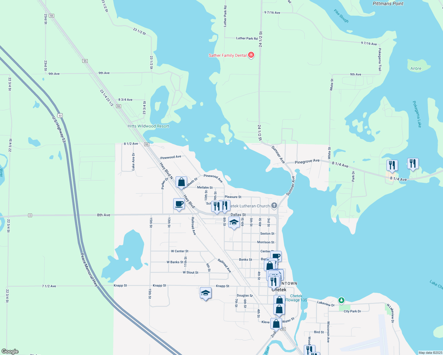 map of restaurants, bars, coffee shops, grocery stores, and more near 1734 Pinewood Avenue in Chetek