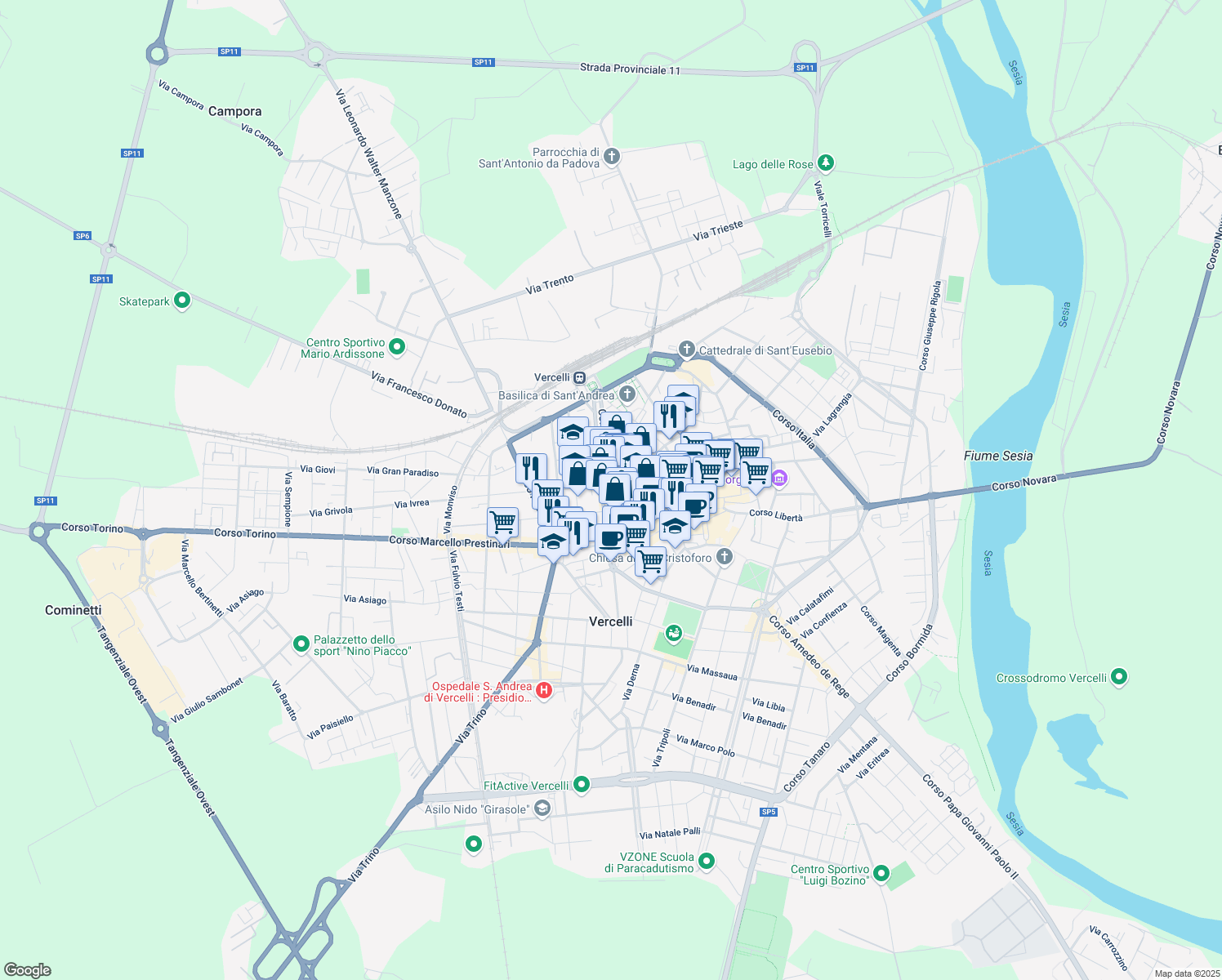 map of restaurants, bars, coffee shops, grocery stores, and more near 52 Viale Giuseppe Garibaldi in Vercelli