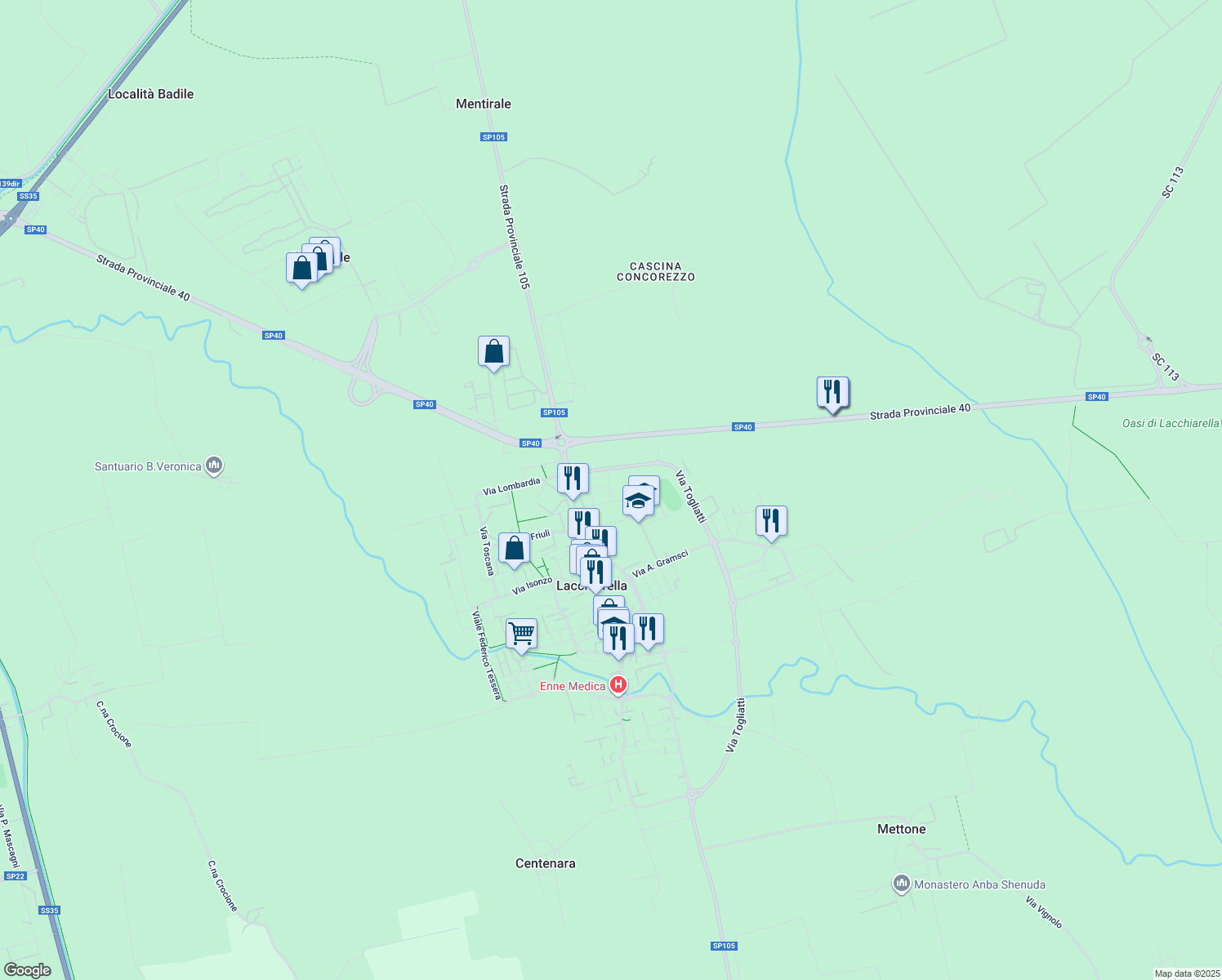 map of restaurants, bars, coffee shops, grocery stores, and more near 3 Via Fratelli Rosselli in Lacchiarella