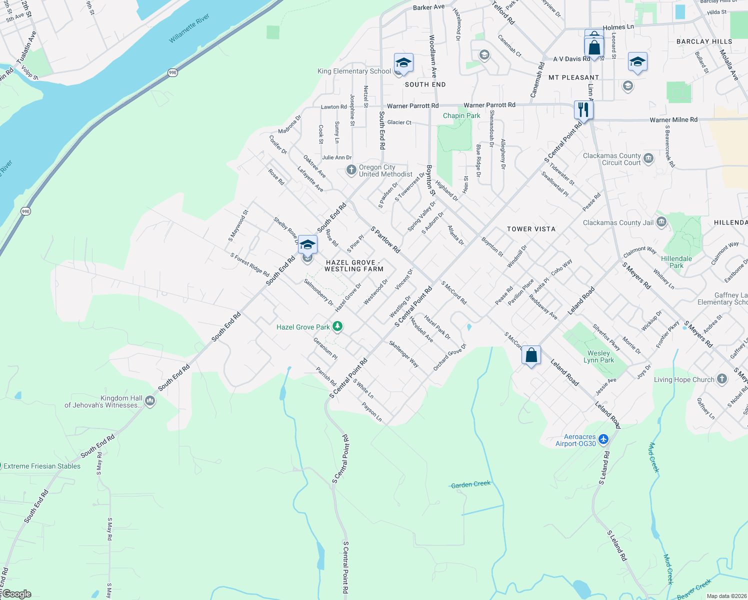 map of restaurants, bars, coffee shops, grocery stores, and more near 19406 Westwood Drive in Oregon City