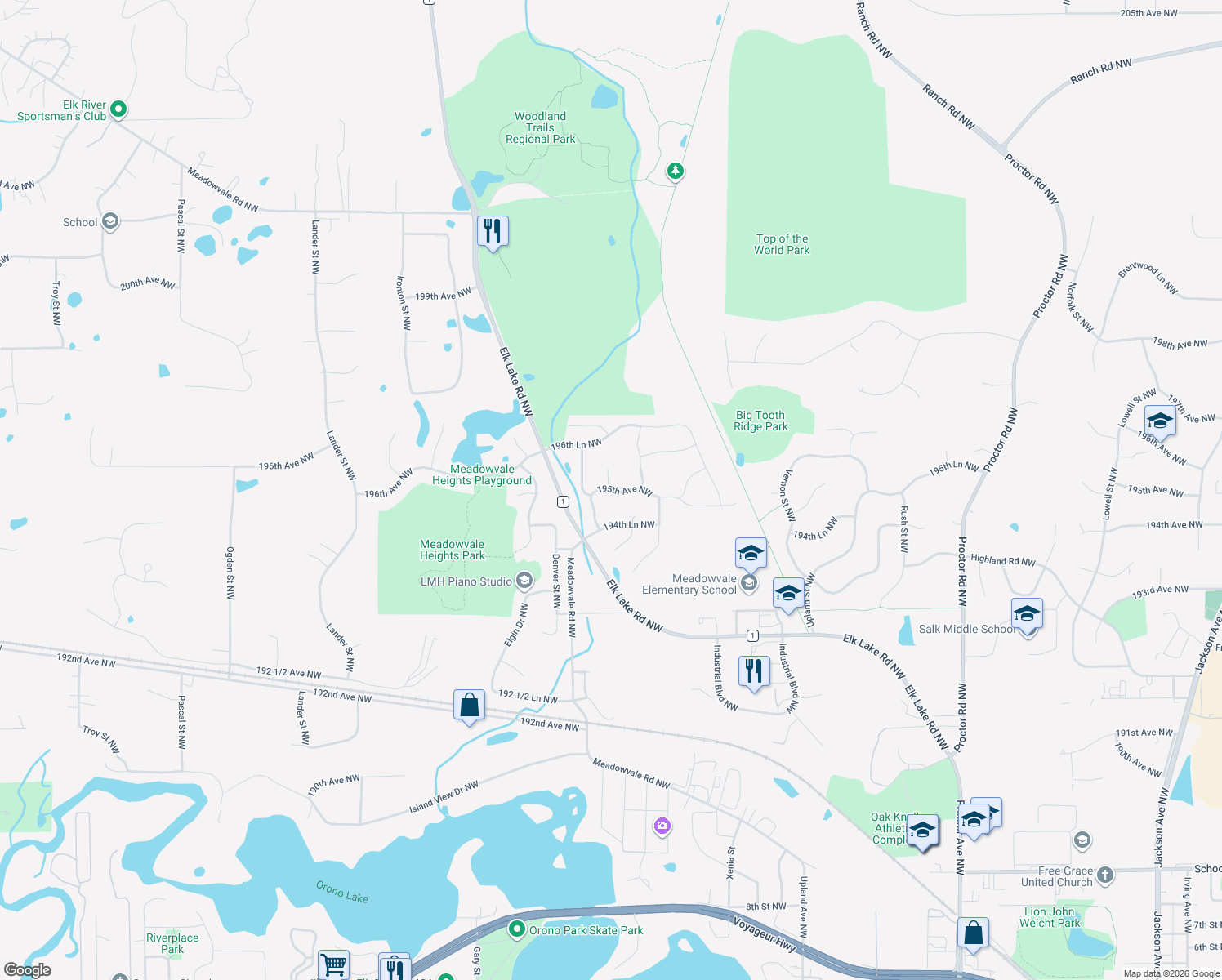 map of restaurants, bars, coffee shops, grocery stores, and more near 12920 195th Avenue Northwest in Elk River